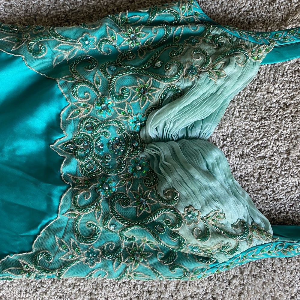 Vintage Evening Gown Beaded Prom Dress Floor Length Teal Aqua Womens Size 4